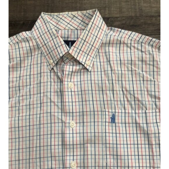 Johnnie-O Prep Performance Mens Medium White Blue Pink Plaid Button Down Shirt - Picture 2 of 5